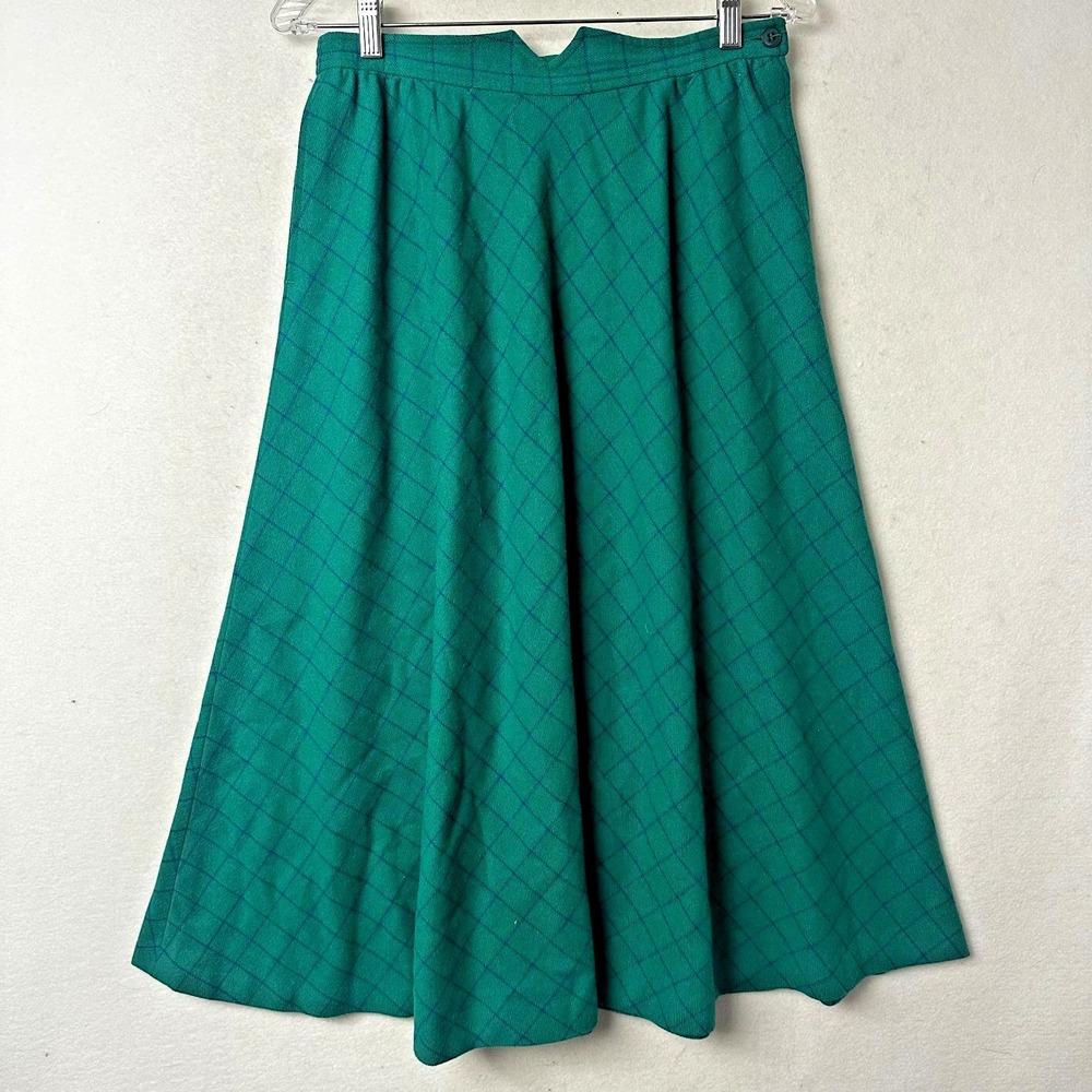 Vintage Miss Pendleton Wool Skirt Green Blue Plaid A-Line Midi Pockets USA Made